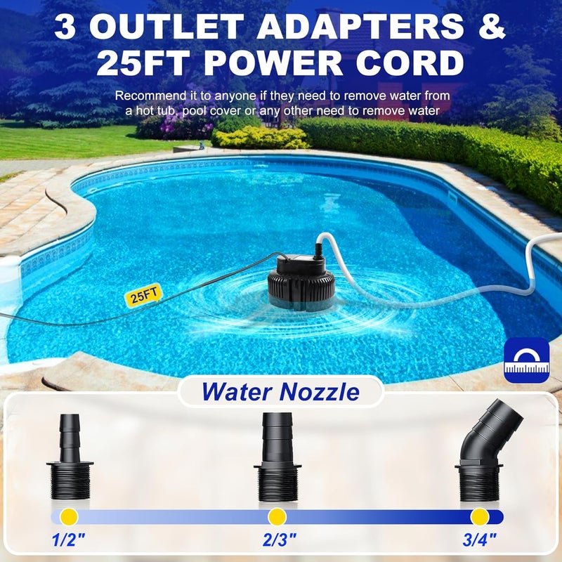 UniWater مضخة غطاء المسبح فوق الأرض - مضخة غاطسة لإزالة مياه السباحة، مضخات تصريف المسبح مع خرطوم تصريف بطول 16 قدم وسلك طاقة إضافي بطول 25 قدم، 850 جالون في الساعة، 3 محولات - أسود - Image 2